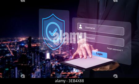 A business person interacts with a tablet displaying a login interface, emphasizing cybersecurity in a vibrant urban night scene, showcasing Stock Photo