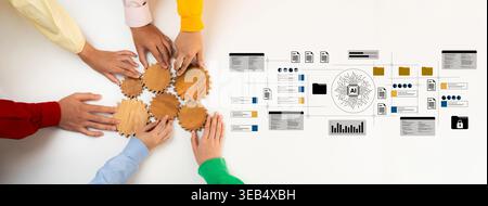 Hands gather over wooden gears, demonstrating collaboration in technology and strategy with an AI-themed background highlighting innovation and Stock Photo