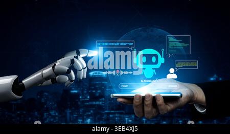 Futuristic Interaction Between Human Hand and Robot Arm Representing Artificial Intelligence Assistance Technology in Modern Digital World Quark. Stock Photo