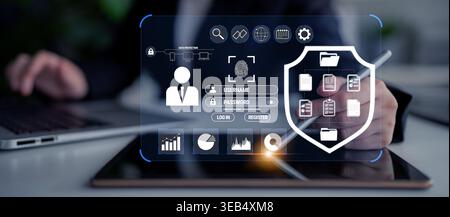 Businessperson Using Digital Security Interface with Fingerprint Authentication and Data Protection Icons for Secure Login Process Quark. Stock Photo