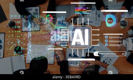 Aerial View of Business Team Collaborating on AI Technology Strategy with Data Visualizations and Digital Interfaces on Table Sigmoid Stock Photo