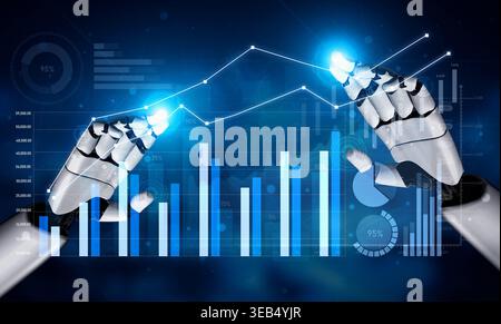 A detailed image of robotic hands interacting with data graphs and digital visuals, illustrating the fusion of technology and data analysis in a Stock Photo