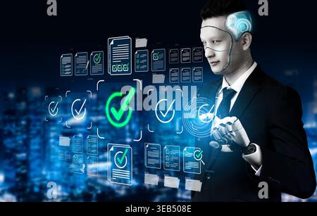 Futuristic Businessman Interacting with Digital Interface Showing Document Verification and Success Indicators in a Modern Urban Setting Sigmoid Stock Photo