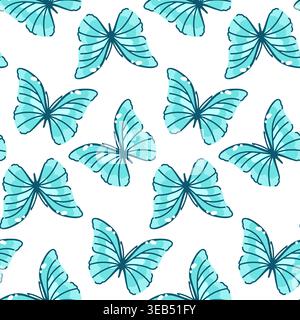 Delicate pattern with turquoise butterflies in doodle style flying away on a white background, detailed insects in a seamless background Stock Vector