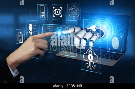 Futuristic Concept of Cybersecurity with Robotic Hand Interacting with Laptop Displaying Zero Trust Security Principles and Digital Icons Fluxor. Stock Photo