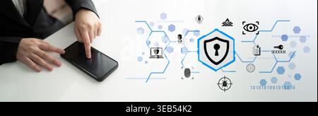 Businessman Using Smartphone with Cybersecurity Icons and Digital Protection Elements Illustrating Modern Security Concepts and Online Safety Measures Stock Photo