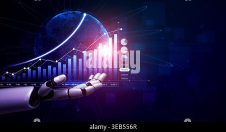 A futuristic robotic hand reaches toward vibrant data visualizations, symbolizing the intersection of technology and business analytics in a digital Stock Photo