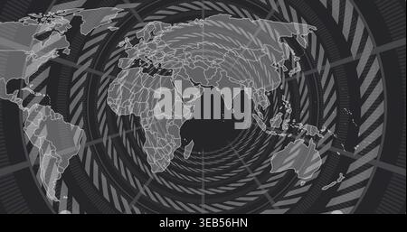 Displaying centered world map projection in control room, showing concentric rings, spiral overlay Stock Photo