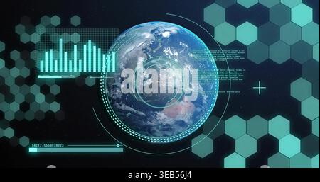 Scanning rendered Earth globe in orbital HUD interface, displaying reticles, hex tiles, bar chart Stock Photo