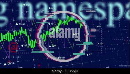 Displaying circular glitch highlight showing green candles and line graph on blue grid, timestamps Stock Photo
