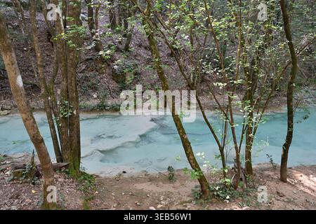 Travertine Terraces, or Petrified Calcareous Basins at the Source of the River Huveaune, in the Sainte Baume Nature Reserve, Nans-les-Pins Provence Stock Photo