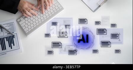 AI document automation concept with floating files and knowledge cards. Document NLP processing, search, document summarization, LLM document Stock Photo