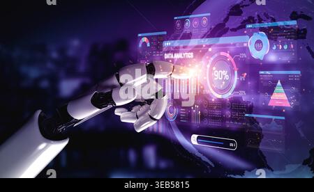 Futuristic Robot Hand Interacting with Data Analytics Interface Displaying Global Information and Graphs on Technology, Science, and Innovation Stock Photo