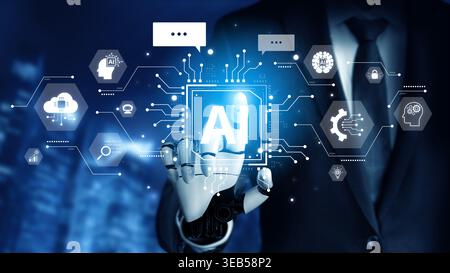 A generative AI assistant showcases its cognitive platform. This system powers conversational chatbots and intelligent cloud data processing for user Stock Photo