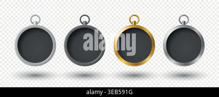 Vector 3d Blank Compass Set Isolated. Round Navigation Instruments with Empty Black Dial Face. Silver and Gold Compass Frames for Travel Branding. Map Stock Vector