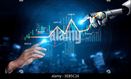 A striking image showcasing a human hand reaching out to a robotic arm interacting with financial graphs and data, symbolizing the future of finance Stock Photo