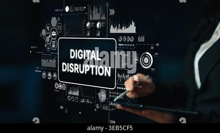 Businesswoman Engaging with Digital Disruption Concept in Modern Technology Environment. Asymptotic smart data analytic. Stock Photo