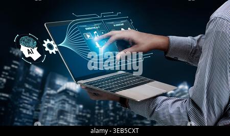 Innovative Technology Concept with Laptop and Artificial Intelligence Interface in Urban Environment of Night Cityscape, Representing Modern Digital Stock Photo