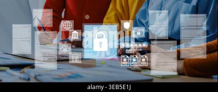 Professionals engage in a collaborative effort focused on data security and privacy, surrounded by digital lock symbols and documents in a modern Stock Photo