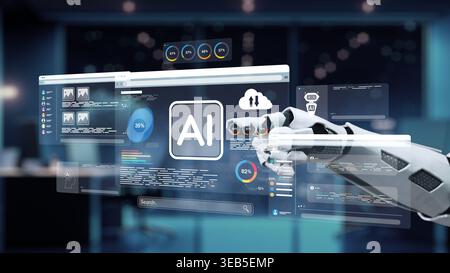 A close-up view of a robotic hand using a touchscreen interface with digital screens showcasing artificial intelligence data in a sleek and modern Stock Photo