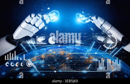 This image captures a futuristic scene featuring robotic arms interacting with a digital interface, showcasing global data analytics and technology Stock Photo