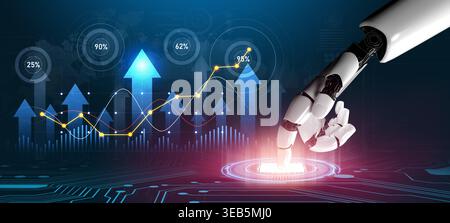 A futuristic robotic hand interacts with digital analytics, showcasing growth metrics and statistics in a sleek high-tech environment, symbolizing Stock Photo