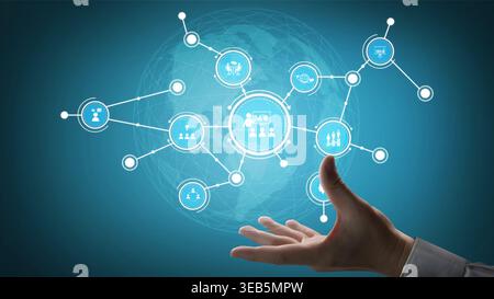 A hand reaches out towards a digital network displaying various icons that symbolize communication and technology, emphasizing connectivity and Stock Photo