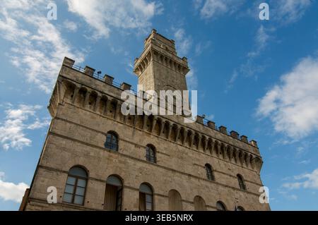 Town Hall of Montepulciano (Palazzo Municiaple) and his clock tower , located in Piazza Grande in Montepulciano, Tuscany Stock Photo