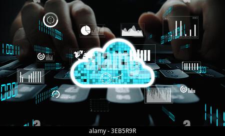 A conceptual image illustrating cloud technology with data analytics on a laptop. Various charts and graphs overlay the keyboard, representing modern Stock Photo