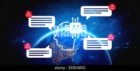 This image features an abstract representation of AI communicating risks through dialogue bubbles against a captivating view of Earth, highlighting Stock Photo