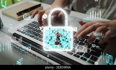 A person is seen typing on a keyboard with a digital lock icon overlay and graphics depicting data analysis. This image illustrates the importance of Stock Photo