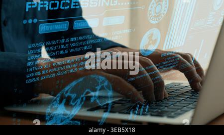 A close-up of hands typing on a laptop with a futuristic digital overlay representing data analytics and business performance, highlighting technology Stock Photo