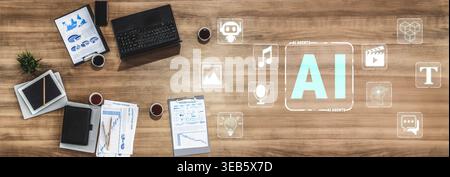 Modern Workspace with Artificial Intelligence Elements and Digital Tools for Business and Technology Research and Development Quark. Stock Photo