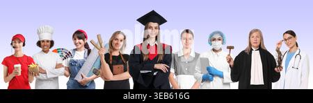 Graduate student and women of various professions on color gradient background. Career choice Stock Photo