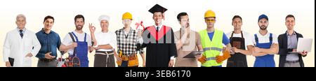 Career choice. Graduate student and men of various professions on color gradient background Stock Photo
