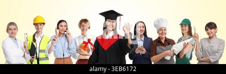 Graduate student and women of various professions on color gradient background. Career choice Stock Photo