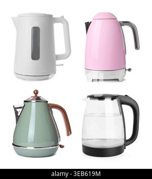 Different electric kettles isolated on white, set Stock Photo