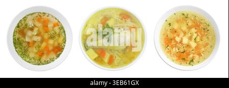 Different tasty soups in bowls isolated on white, set. Top view Stock Photo