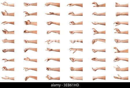 People holding something on white background, closeup. Collection of hand gestures Stock Photo
