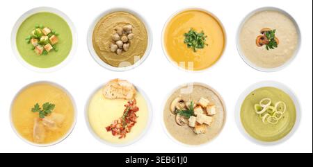 Different tasty soups in bowls isolated on white, collage. Top view Stock Photo