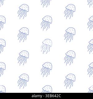 Seamless pattern with jellyfish in blue line style on white background. Outline ocean life print.  Stock Vector