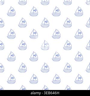 Seamless pattern with sailboats and fish in blue line style on white background. Outline nautical print.  Stock Vector