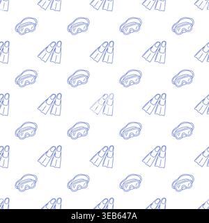 Seamless pattern with diving masks and flippers in blue line style on white background. Outline snorkeling print.  Stock Vector