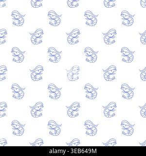 Seamless pattern with shrimps in blue line style on white background. Outline nautical print. Stock Vector