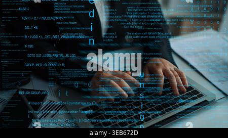 Close-up view of hands actively typing on a laptop keyboard, surrounded by streams of code and data in a contemporary workspace. Ideal for tech and Stock Photo