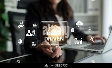 Data-driven decision-making empowers business through analytics, datum collection, and AI systems. Data driven tools support cloud data processing and Stock Photo