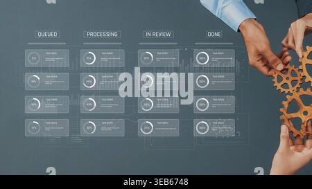 Professionals collaborate over a digital dashboard displaying workflow status indicators, highlighting task completion and review stages in a modern Stock Photo