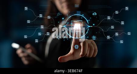 An AI-powered system for automating data workflows. The central intelligence processes and distributes information, managing complex data pipelines as Stock Photo