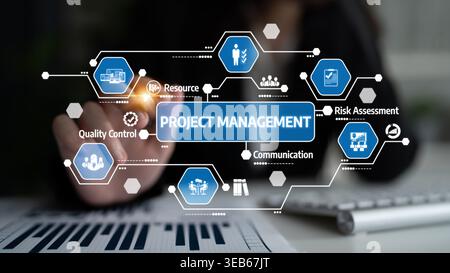 A digital concept showcasing project management elements like resource allocation, risk assessment, and quality control to enhance communication in a Stock Photo