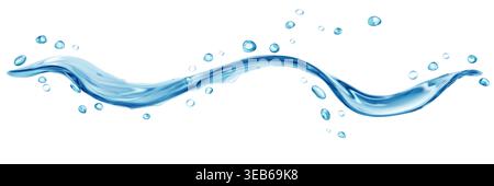 Translucent curved jet or splash of water with drops, in gray blue colors, isolated on transparent background. Transparency only in vector file Stock Vector